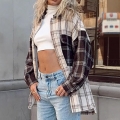 Women's Vintage Plaid Patchwork Flannel Shirt Jacket Long Sleeve Button Down Lapel Blouse Top Casual Color Block Loose Fit Oversized Shacket For Women