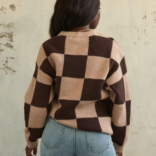 Women's Checkerboard Knitted Sweater Loose Round Neck Long Sleeve Pullover Tops Casual Lazy Style Polyester Knitwear for Fall Winter