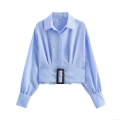 Women Fashion Striped Long Sleeve Shirt With Belt Short Lapel Slim Fit Blouse Polyester Autumn Commuter Office Tops For Ladies