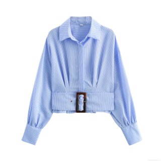 Women Fashion Striped Long Sleeve Shirt With Belt Short Lapel Slim Fit Blouse Polyester Autumn Commuter Office Tops For Ladies