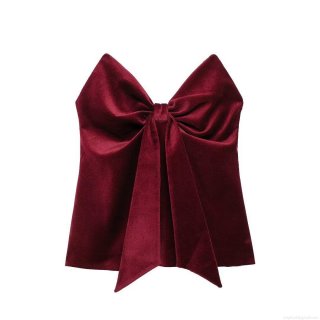 Women's Sexy Wine Red Velvet Tube Top With Large Bow Sleeveless Strapless Party Crop Top For Christmas Club Evening Wear Fashion