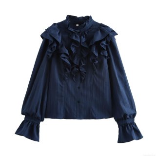 French Retro Ruffle Stand Collar Blouse Women's Elegant Solid Color Long Bubble Sleeve Polyester Shirt Top For Daily Date Party Office