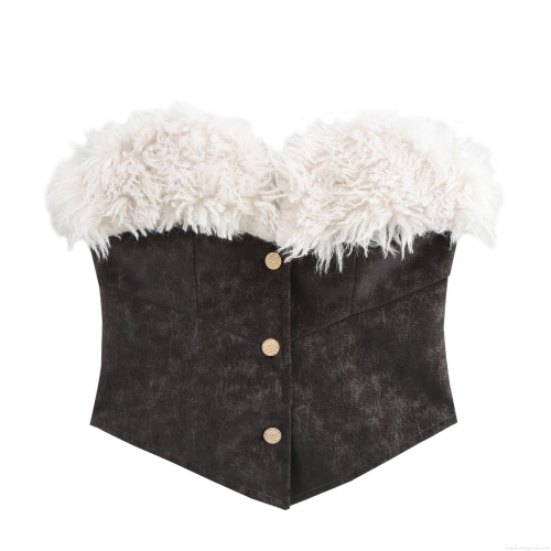 Women's Sexy Y2K Spicy Girl Style Tube Top Faux Suede Patchwork White Faux Fur Trim Cropped Top With Gold Buttons Slim Fit Streetwear Party Clubwear