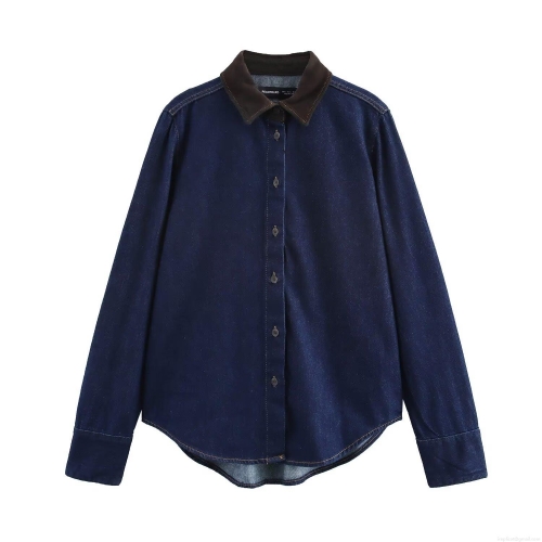 Women's Vintage Denim Shirt Contrast Color Turn-down Collar Long Sleeve Loose Blouse Casual Streetwear Tops Button Down Denim Jacket For Women