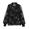 French Style Black Mesh Flocked Floral Blouse For Women Lace Collar Lantern Sleeve Lace-up See-through Elegant Autumn Party Tops