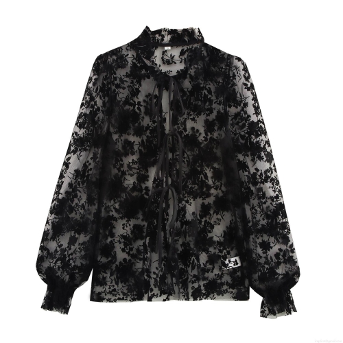 French Style Black Mesh Flocked Floral Blouse For Women Lace Collar Lantern Sleeve Lace-up See-through Elegant Autumn Party Tops