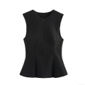 Women Sleeveless Peplum Top Round Neck Slim Fit Office Commute Vest With Back Hidden Zipper Solid Color Polyester Elegant Blouse For Women