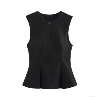 Women Sleeveless Peplum Top Round Neck Slim Fit Office Commute Vest With Back Hidden Zipper Solid Color Polyester Elegant Blouse For Women
