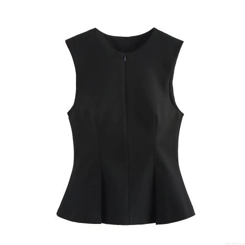 Women Sleeveless Peplum Top Round Neck Slim Fit Office Commute Vest With Back Hidden Zipper Solid Color Polyester Elegant Blouse For Women