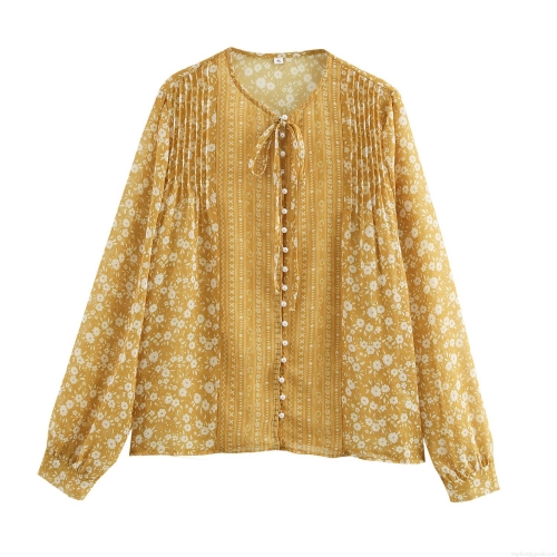 French Vintage Floral Print Chiffon Blouse Women Elegant Tie Neck Pearl Button Ruffled Shoulder Long Sleeve Loose Fit Casual Spring Top Shirt
