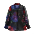 Women's Elegant Sheer Organza Blouse Vintage Floral Print Long Sleeve Button Down Shirt Loose Fit See-Through Tops For Office Party Lady
