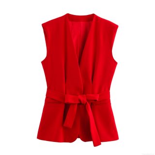 Women's Sleeveless V-Neck Waistcoat Vest Solid Color Commuter Style Top With Waist Belt Elegant Slim Fit Polyester Tank Top For Office Daily Wear