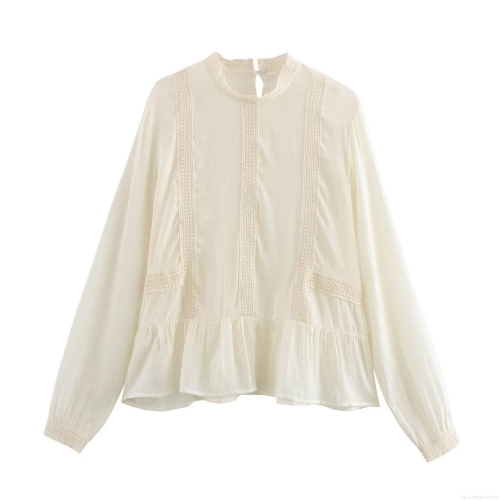 Women's Elegant White Chiffon Blouse With Lace Patchwork Ruffle Hem Stand Collar Long Sleeve Pullover Shirt For Daily Lady Office Solid Top
