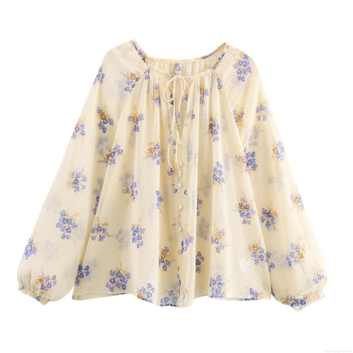 Women's Floral Print Chiffon Blouse Long Lantern Sleeve Round Neck Tie-Up Top Sweet Casual Loose Polyester Shirt For Spring Autumn Women Clothing