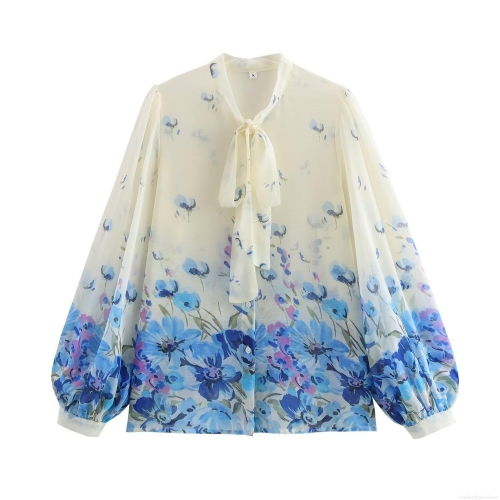 Women Elegant Floral Print Chiffon Blouse Pussy Bow Tie Neck Lantern Sleeve Loose Casual Long Sleeve Shirt Top For Daily Dating Women Clothing
