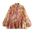 Women Vintage Paisley Print Chiffon Shirt Long Sleeve Polo Collar Pleated Hem Loose Blouse Bohemian Style Tops For Ladies Spring Fall