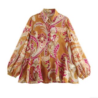 Women Vintage Paisley Print Chiffon Shirt Long Sleeve Polo Collar Pleated Hem Loose Blouse Bohemian Style Tops For Ladies Spring Fall