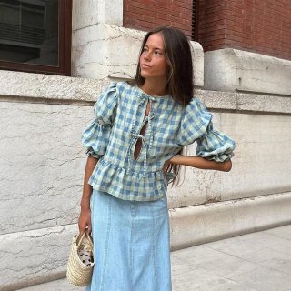 Women's French Sweet Gingham Blouse Casual Loose Bubble Sleeve Lace-Up Shirt With Ruffle Trim Lightweight Polyester Top For Summer