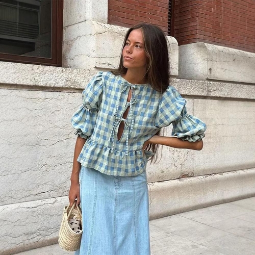 Women's French Sweet Gingham Blouse Casual Loose Bubble Sleeve Lace-Up Shirt With Ruffle Trim Lightweight Polyester Top For Summer