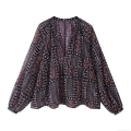 Women Ethnic Paisley Print V Neck Blouse 100% Polyester Long Puff Sleeve Loose Bohemian Top Vintage Casual Chiffon Shirt For Women Spring Summer