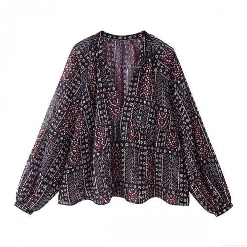 Women Ethnic Paisley Print V Neck Blouse 100% Polyester Long Puff Sleeve Loose Bohemian Top Vintage Casual Chiffon Shirt For Women Spring Summer