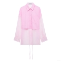 Women's Pink Organza Splicing Long Sleeve Shirt Sheer Mesh Patchwork Button Down Blouse With Waist Tie Sweet Casual Mid-Length Top For Ladies