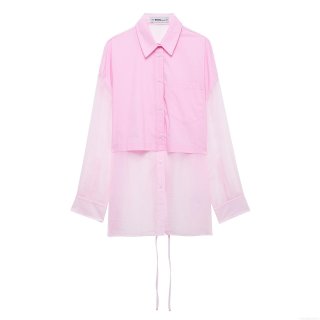 Women's Pink Organza Splicing Long Sleeve Shirt Sheer Mesh Patchwork Button Down Blouse With Waist Tie Sweet Casual Mid-Length Top For Ladies