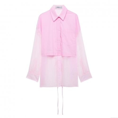 Women's Pink Organza Splicing Long Sleeve Shirt Sheer Mesh Patchwork Button Down Blouse With Waist Tie Sweet Casual Mid-Length Top For Ladies