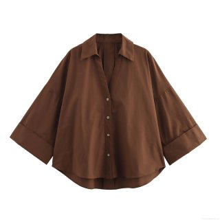 Women's Japanese Style Intellectual V-Neck Poplin Shirt Loose Wide Sleeve Button Down Top High-Low Hem Dark Brown Blouse