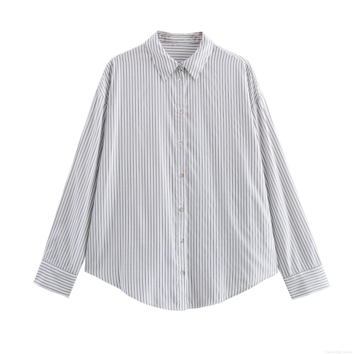 Women's Striped Long Sleeve Shirt Lapel Neck Button Down Blouse Office Commuting Loose Fit Casual Top Polyester Comfortable Breathable Shirt