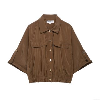 Women's Utility Cargo Shirt 100% Polyester 3/4 Sleeve Lapel Metal Button Down Daily Streetwear Loose Fit Elastic Hem Flap Pockets For Women