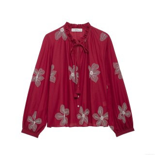 Women's Retro Wine Red Floral Embroidered Blouse 100% Polyester Ruffle Stand Collar Tie Up Long Sleeve Loose Shirt Sweet Style