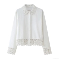 Women Elegant White Long Sleeve Shirt With Crochet Lace Patchwork Turn-down Collar Single Breasted Office Commute Blouse Solid Color Loose Fit Casual Top For Women