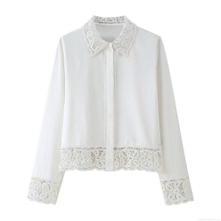Women Elegant White Long Sleeve Shirt With Crochet Lace Patchwork Turn-down Collar Single Breasted Office Commute Blouse Solid Color Loose Fit Casual Top For Women