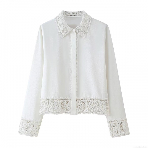 Women Elegant White Long Sleeve Shirt With Crochet Lace Patchwork Turn-down Collar Single Breasted Office Commute Blouse Solid Color Loose Fit Casual Top For Women