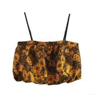 Women's Western Sweet Style Jacquard Floral Camisole Ultra Short Bubble Hem Puffy Tank Top Black Gold Sleeveless Cami Top Party Outfits