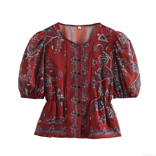 Women's Vintage Floral Chiffon Blouse Puff Sleeve Single Breasted Waist Tightening Peplum Hem Round Neck Short Sleeve Summer Daily Retro Style Breathable Polyester Top