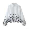 Women's White Long Sleeve Button Down Blouse With Black Floral Embroidery Scalloped Hem Loose Fit Lapel Shirt For Vacation Resort Party Elegant Top