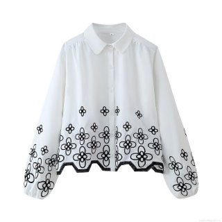 Women's White Long Sleeve Button Down Blouse With Black Floral Embroidery Scalloped Hem Loose Fit Lapel Shirt For Vacation Resort Party Elegant Top