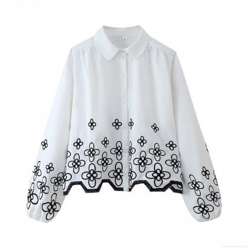Women's White Long Sleeve Button Down Blouse With Black Floral Embroidery Scalloped Hem Loose Fit Lapel Shirt For Vacation Resort Party Elegant Top
