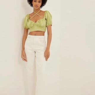 Women Puff Sleeve Backless Cropped Blouse Ruched Bust Square Neck Tie Back Short Sleeve Sweet Sexy Polyester Top For Summer Spring Casual Daily