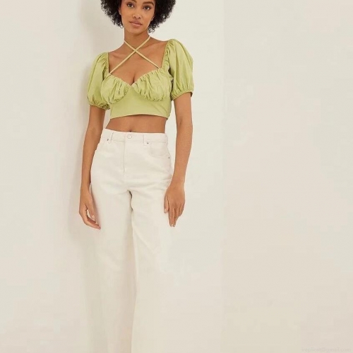 Women Puff Sleeve Backless Cropped Blouse Ruched Bust Square Neck Tie Back Short Sleeve Sweet Sexy Polyester Top For Summer Spring Casual Daily