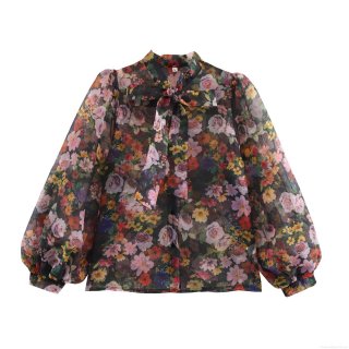 Vintage Floral Print Organza Sheer Blouse Long Sleeve Pussy-Bow Tie Neck Shirt Elegant Loose Polyester Top For Women