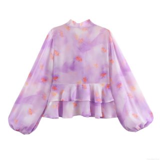 Women's French Romantic Gradient Chiffon Blouse Long Lantern Sleeve Ruffle Hem Bow Tie Neck Tie-Dye Butterfly Print Tops