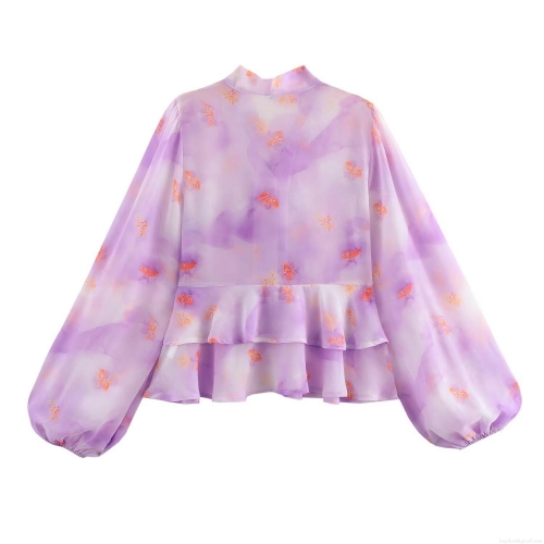 Women's French Romantic Gradient Chiffon Blouse Long Lantern Sleeve Ruffle Hem Bow Tie Neck Tie-Dye Butterfly Print Tops