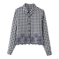 Women Gingham Check Blouse 100% Polyester Flower Embroidered Scalloped Hem Long Sleeve Button Up Shirt Vintage Cottagecore Tops For Women