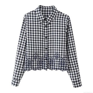 Women Gingham Check Blouse 100% Polyester Flower Embroidered Scalloped Hem Long Sleeve Button Up Shirt Vintage Cottagecore Tops For Women