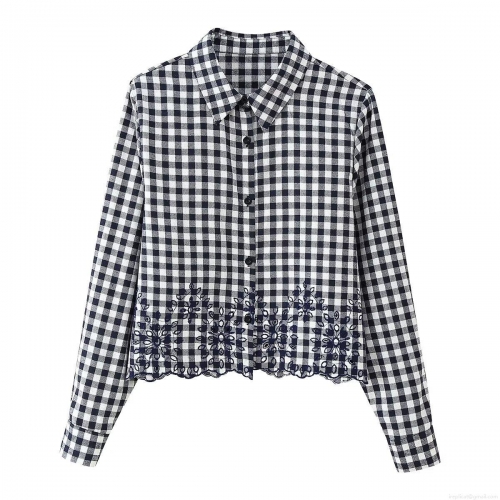 Women Gingham Check Blouse 100% Polyester Flower Embroidered Scalloped Hem Long Sleeve Button Up Shirt Vintage Cottagecore Tops For Women