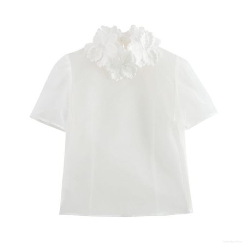 Women's Sweet Organza Blouse Top 3D Floral Applique Short Sleeve Sheer Shirt For Party Daily Elegant Girl Style