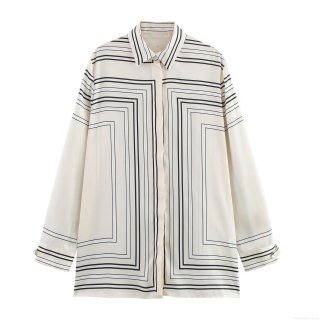 Women's Satin Long Sleeve Shirt Minimalist Geometric Line Print Turn-down Collar Button Down Loose Blouse For Commuting Daily Office Wear